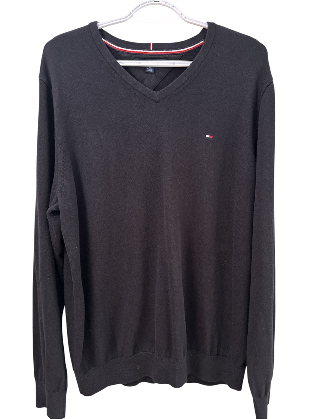 Tommy Hilfiger Men's Black V-Neck Sweater with Small Flag Logo Size XL